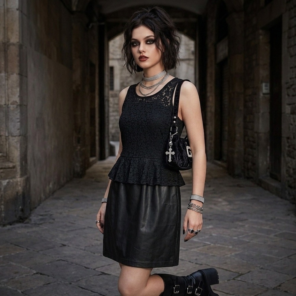 Mystree Womens Lace Faux Leather Dress Size L Edgy Romantic Goth Punk Emo Glam